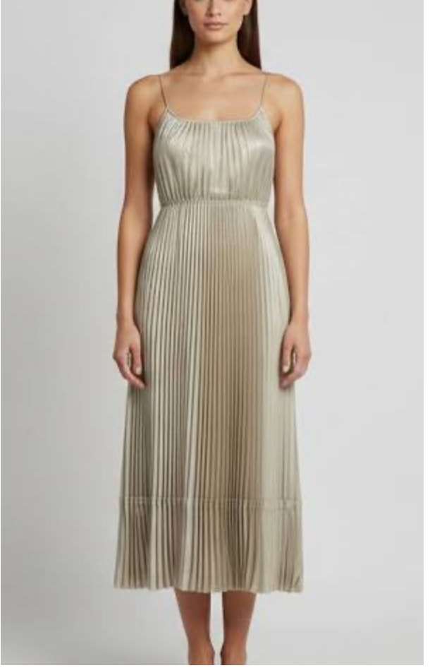 Allsaints Silvi Pleated Metallic Midi Dress Champagne Beige Size Large